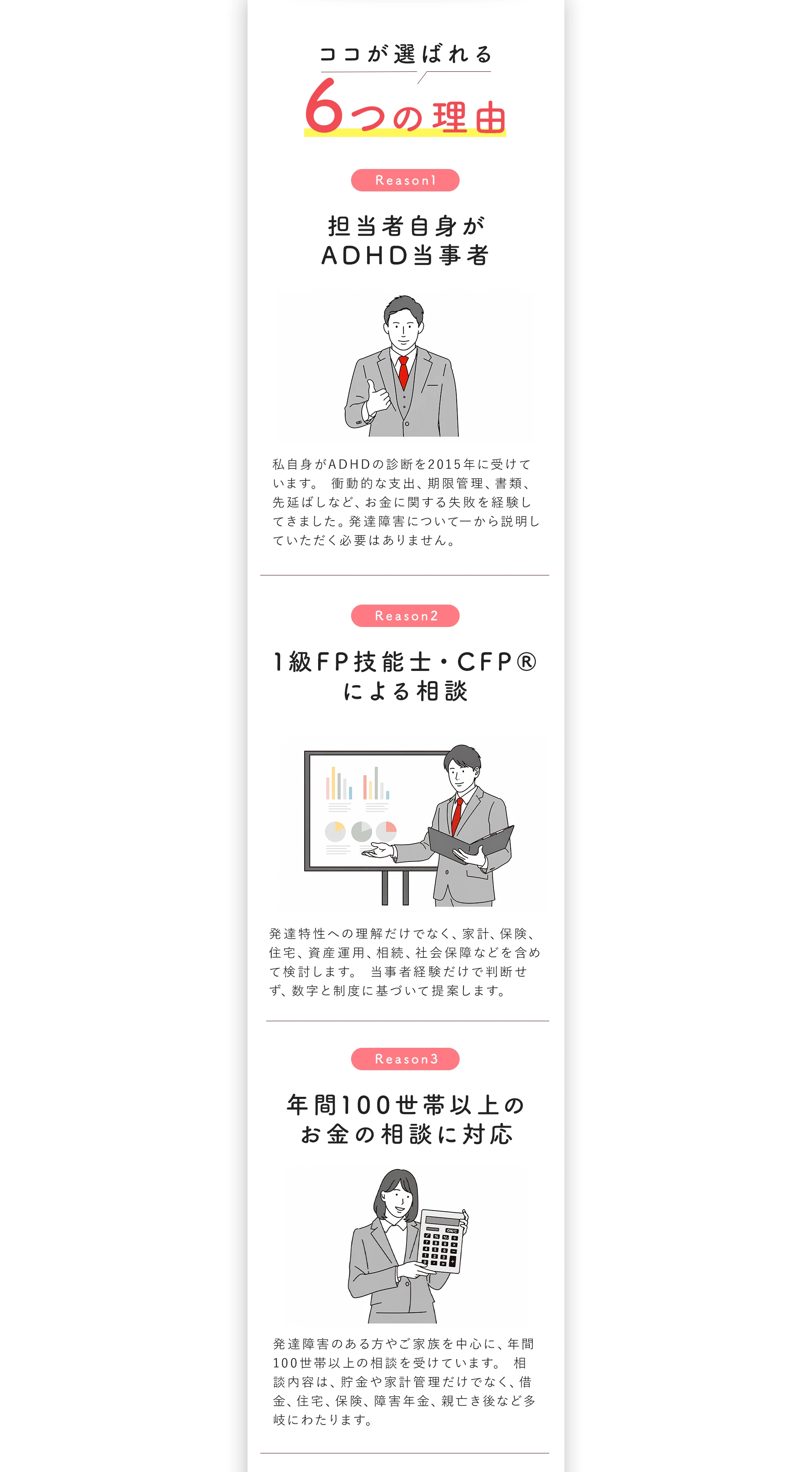 ココが選ばれる6つの理由（その1）。Reason1 担当者自身がADHD当事者、Reason2 1級FP技能士・CFPによる相談、Reason3 年間100世帯以上のお金の相談に対応