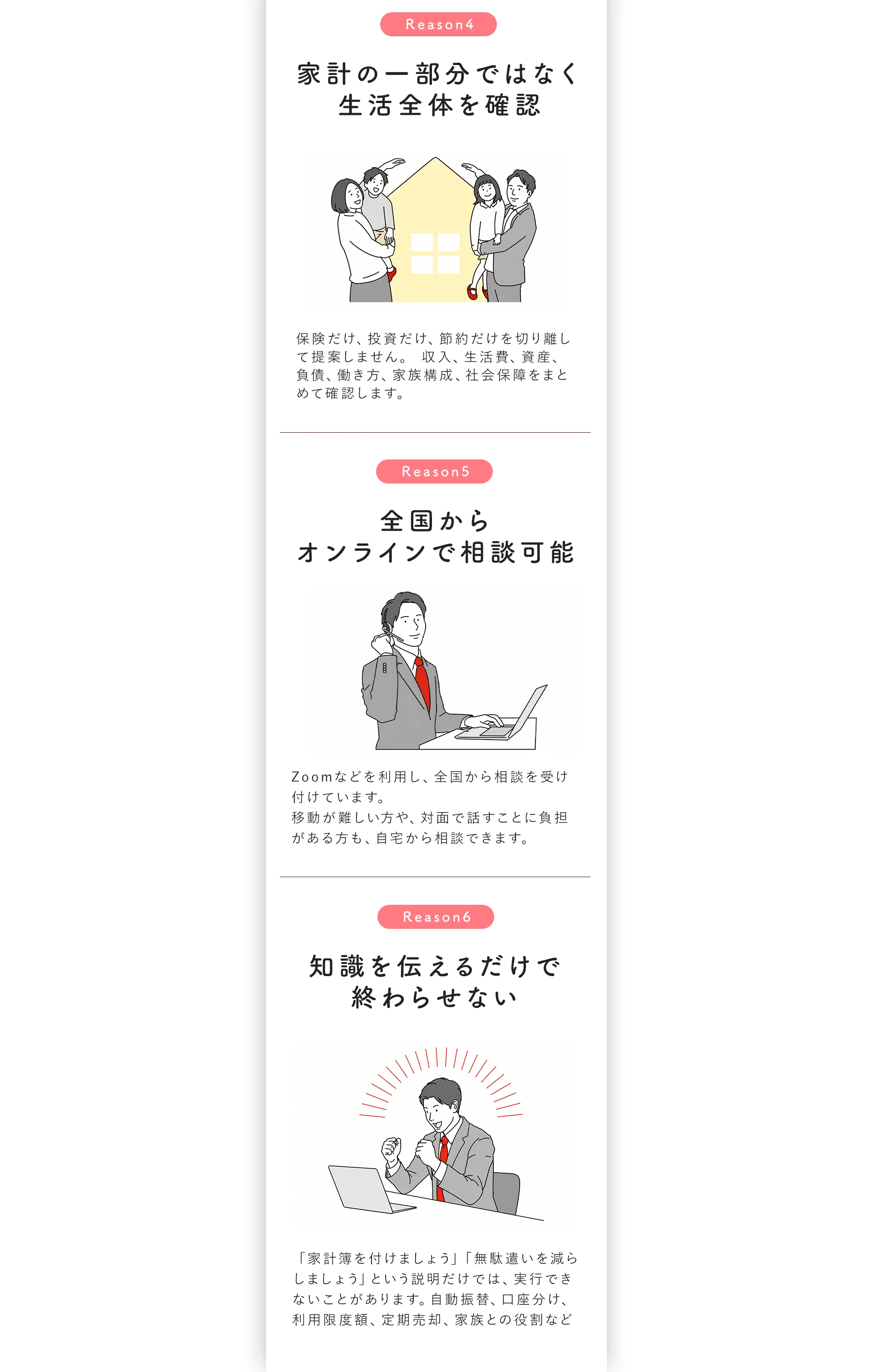 ココが選ばれる6つの理由（その2）。Reason4 家計の一部分ではなく生活全体を確認、Reason5 全国からオンラインで相談可能、Reason6 知識を伝えるだけで終わらせない