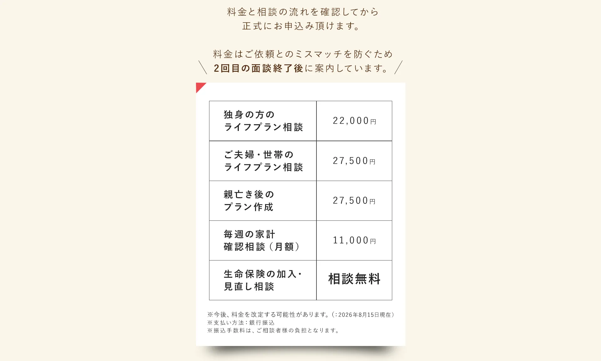 料金と相談の流れ。独身の方のライフプラン相談22,000円、ご夫婦・世帯のライフプラン相談27,500円、親亡き後のプラン作成27,500円、毎週の家計確認相談（月額）11,000円、生命保険の加入・見直し相談は無料